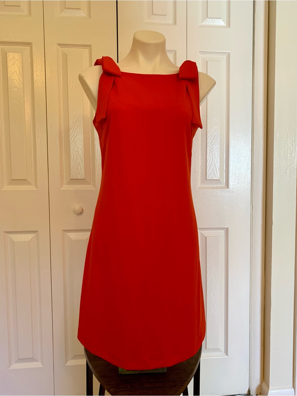 Maison Tara Red Sleeveless Shift Dress with Shoulder Knot Details